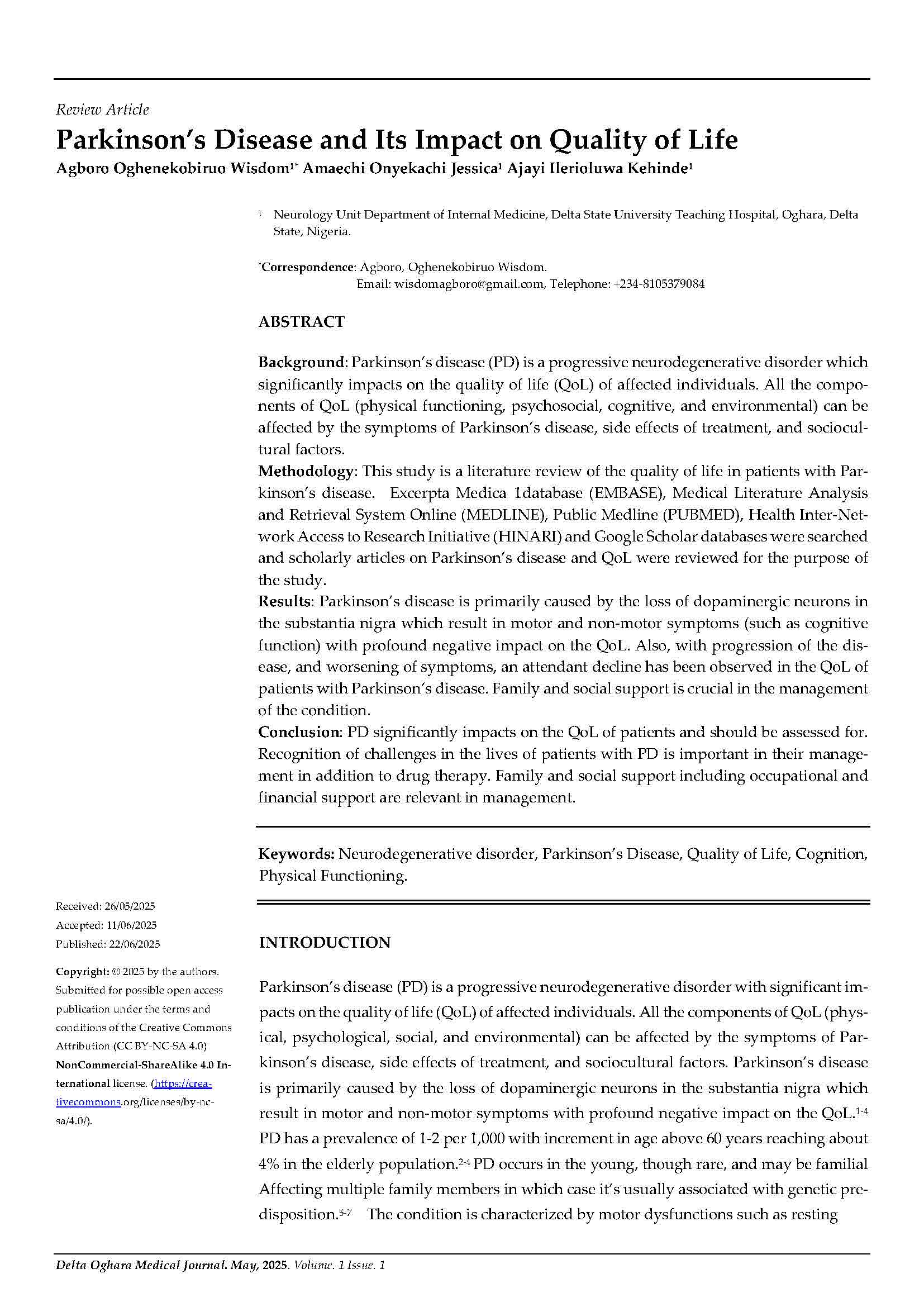 Parkinson Disease and Its Impact on Quality of Life